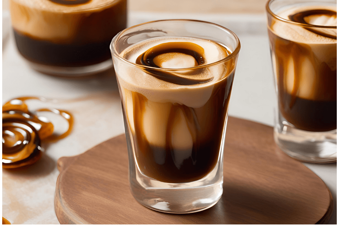 2 - Deep brown espresso mixed with brown sugar syrup, showing caramel swirls