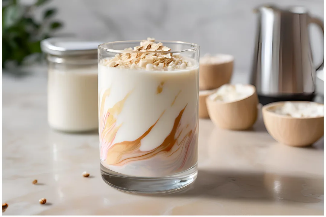 2 - Poured into a glass with chilled oat milk, displaying delicate marbling and creamy froth on top