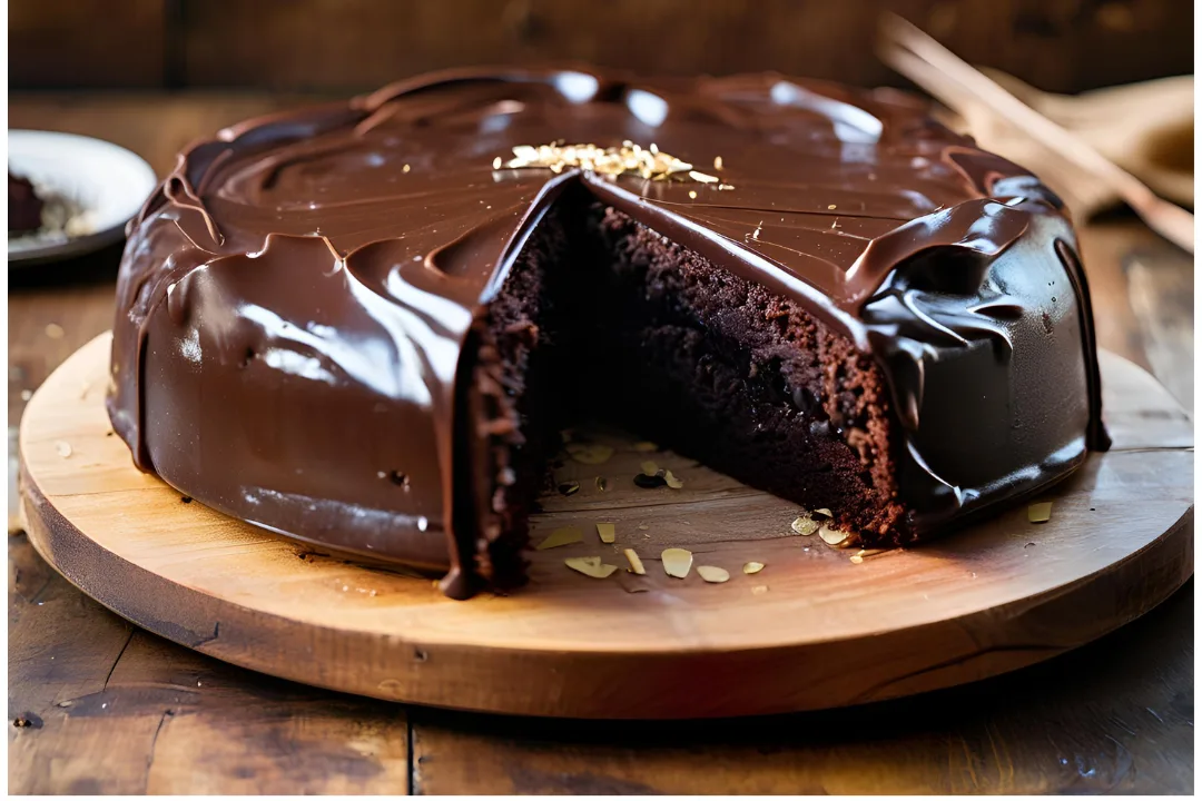 7 - Finished cake, sliced to reveal a tender, moist crumb with rich, deep chocolate color