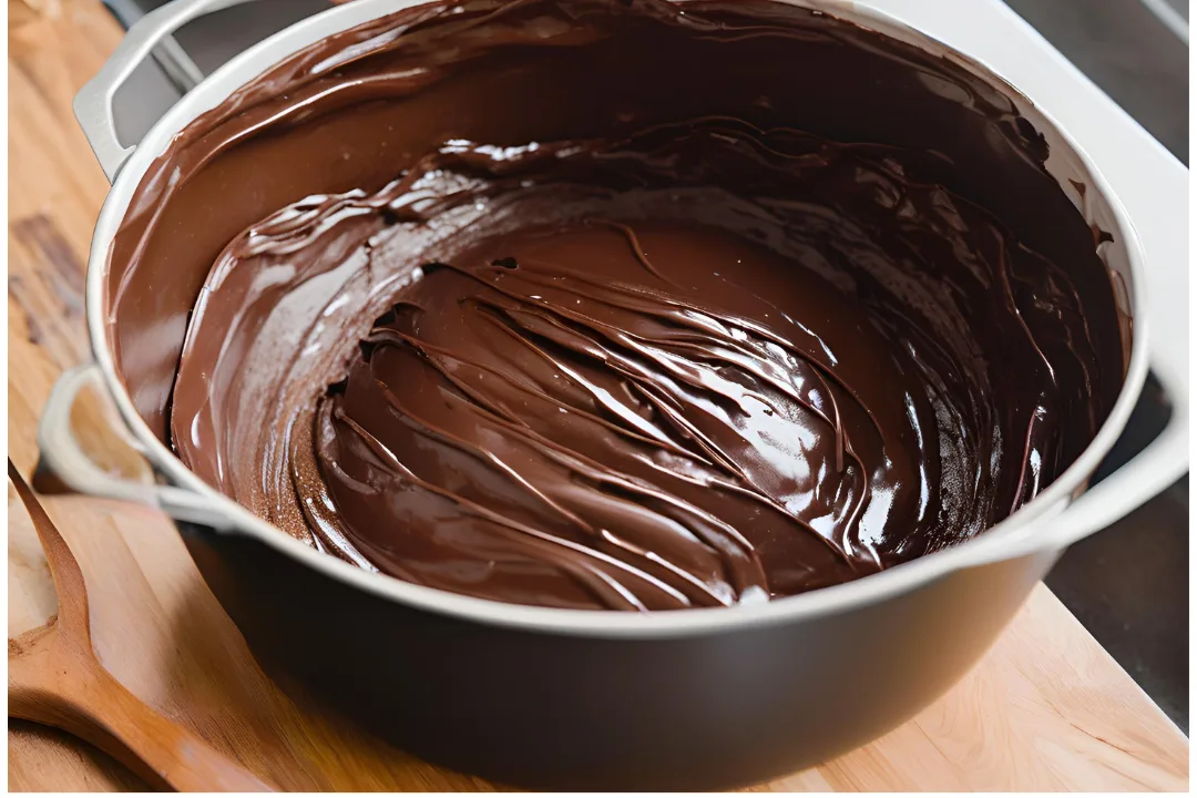 7 -Mixing bowl filled with dark chocolate batter, smooth and glossy