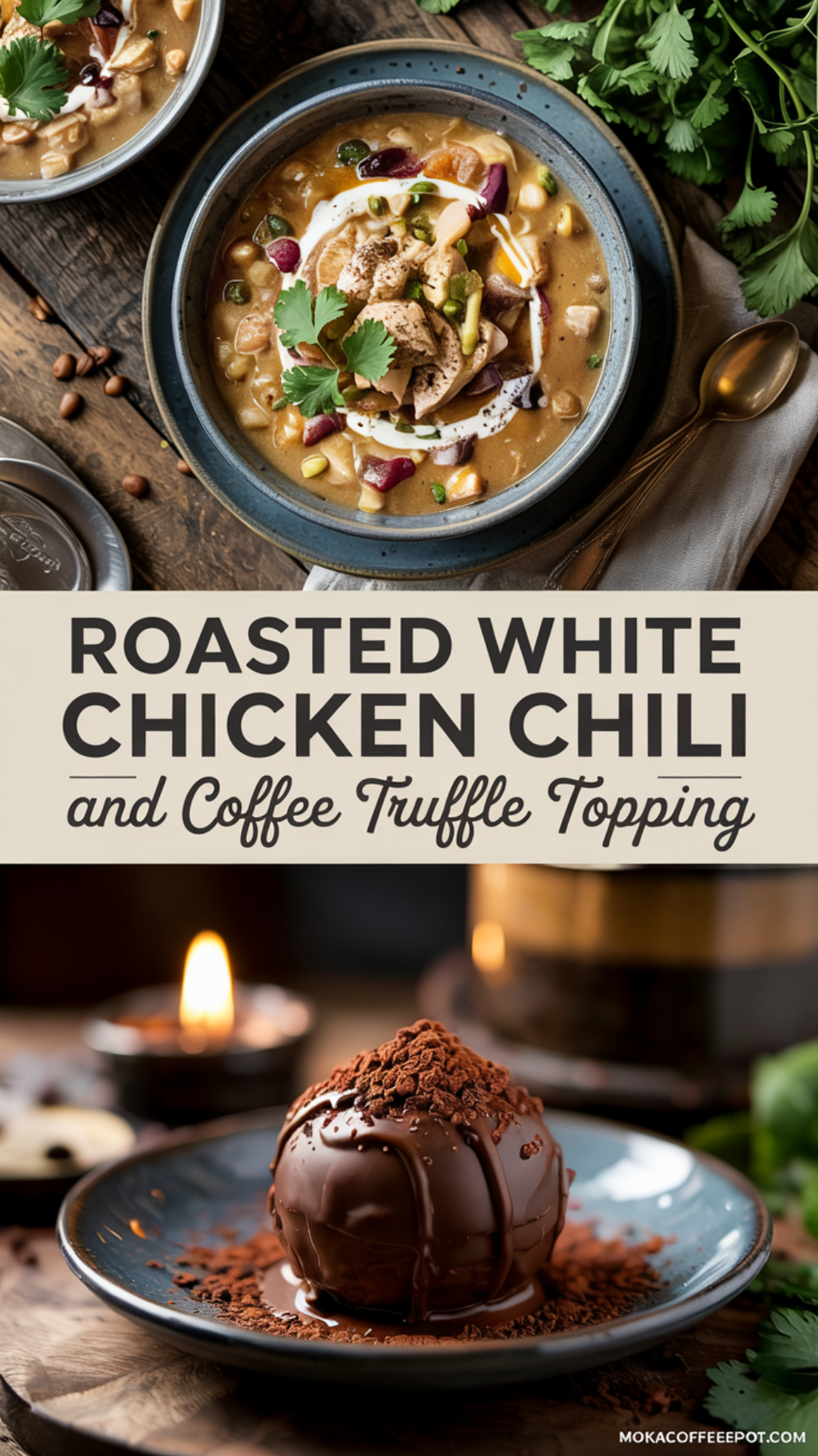 Roasted White Chicken Chili with Coffee Truffle Topping Roasted White Chicken Chili with Coffee Truffle Topping